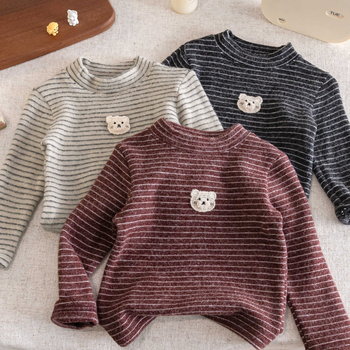 Tricou termic pentru copii, cu dungi, mânecă lungă, bumbac periat 95%, guler rotund