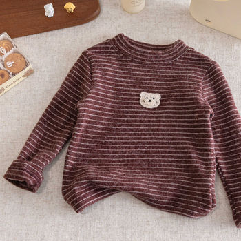 Tricou termic pentru copii, cu dungi, mânecă lungă, bumbac periat 95%, guler rotund