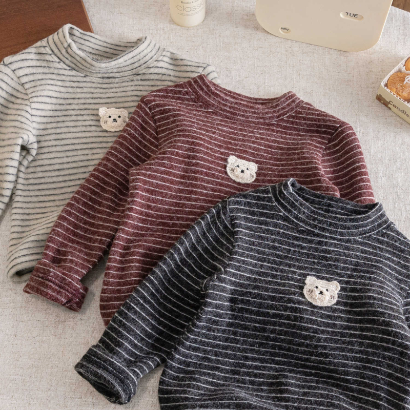 Tricou termic pentru copii, cu dungi, mânecă lungă, bumbac periat 95%, guler rotund