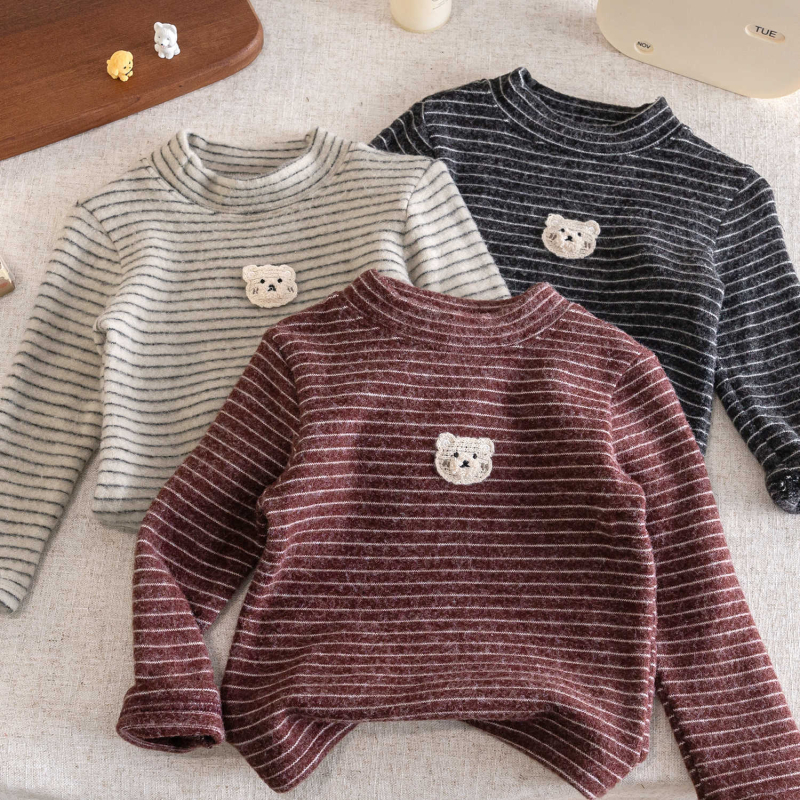 Tricou termic pentru copii, cu dungi, mânecă lungă, bumbac periat 95%, guler rotund