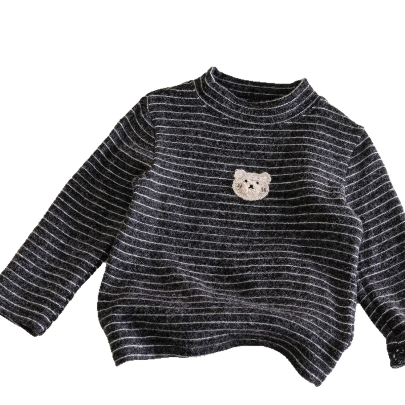 Tricou termic pentru copii, cu dungi, mânecă lungă, bumbac periat 95%, guler rotund