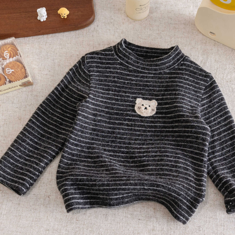 Tricou termic pentru copii, cu dungi, mânecă lungă, bumbac periat 95%, guler rotund