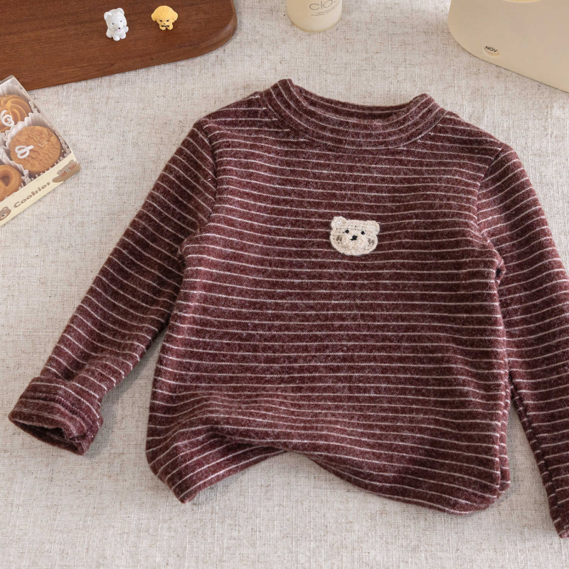 Tricou termic pentru copii, cu dungi, mânecă lungă, bumbac periat 95%, guler rotund