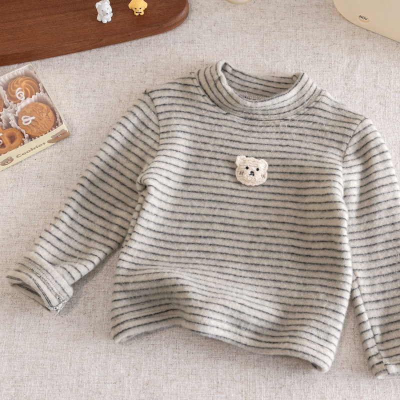 Tricou termic pentru copii, cu dungi, mânecă lungă, bumbac periat 95%, guler rotund