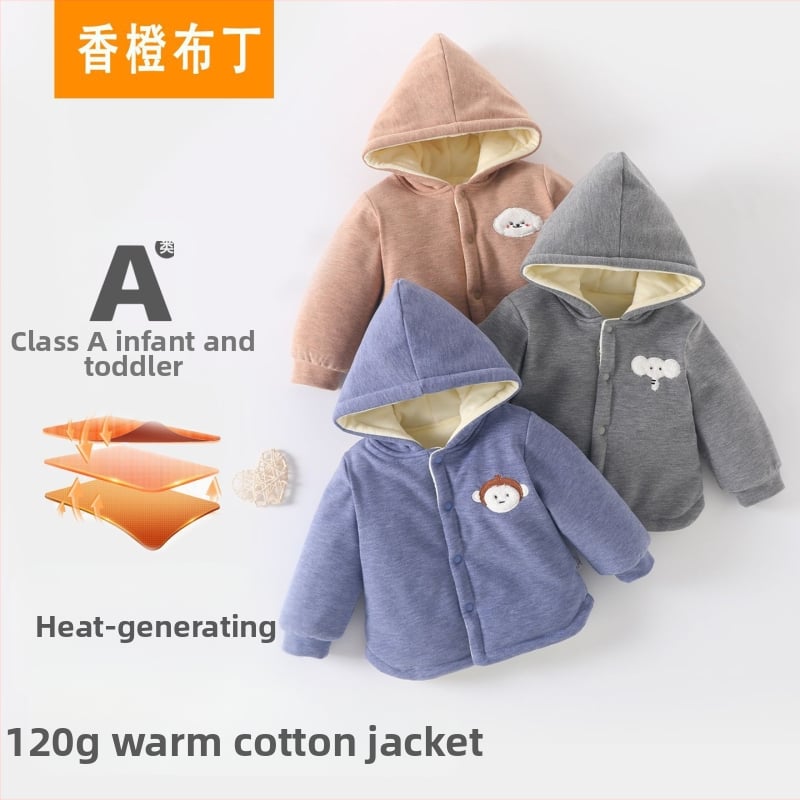 Gyerekek téli kapucnis fleece-pamut felső – uniszex, hosszú ujjú, kerek nyakú, vastag anyag, állat/karikatúra mintázat