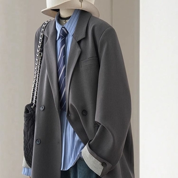 Блейзър за жени - японско-корейски casual стил, едноцветен модел, двойно закопчаване отпред, Polo яка, дълги ръкави