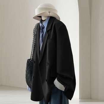 Блейзър за жени - японско-корейски casual стил, едноцветен модел, двойно закопчаване отпред, Polo яка, дълги ръкави