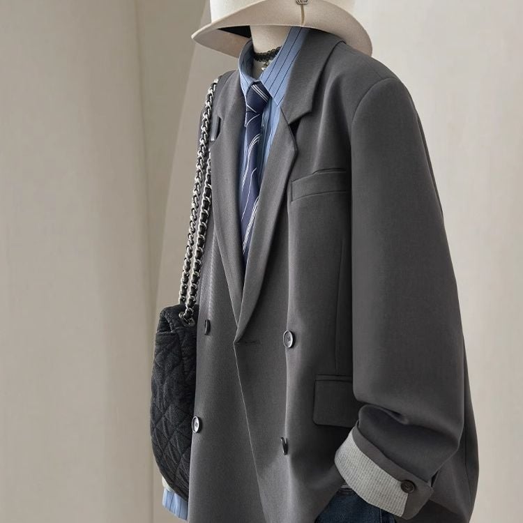 Блейзър за жени - японско-корейски casual стил, едноцветен модел, двойно закопчаване отпред, Polo яка, дълги ръкави