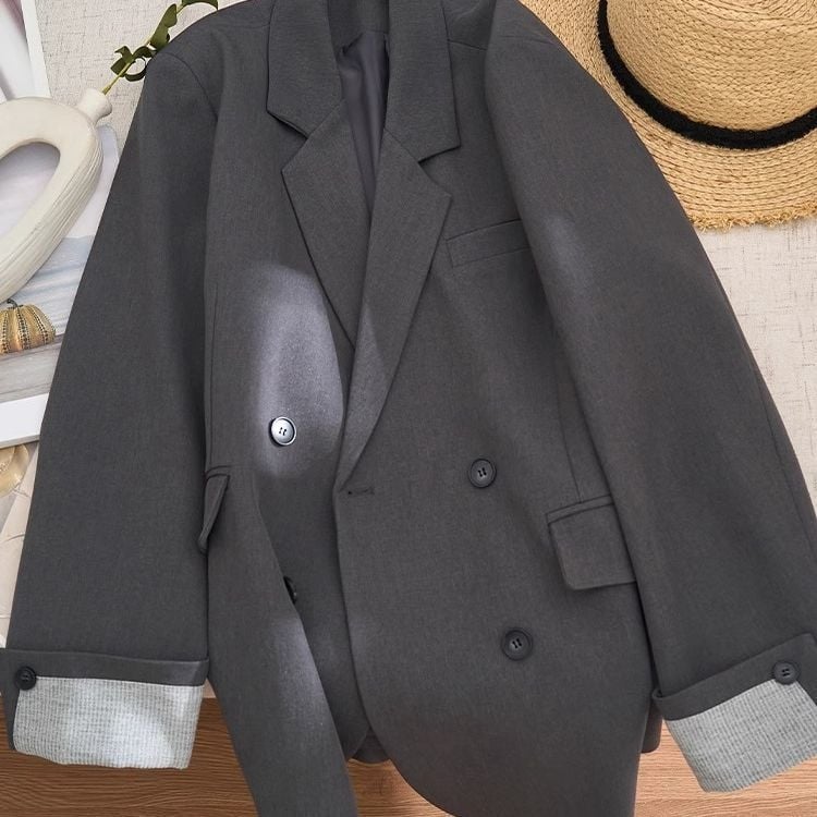 Блейзър за жени - японско-корейски casual стил, едноцветен модел, двойно закопчаване отпред, Polo яка, дълги ръкави