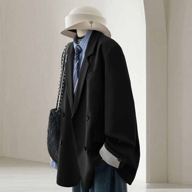 Блейзър за жени - японско-корейски casual стил, едноцветен модел, двойно закопчаване отпред, Polo яка, дълги ръкави