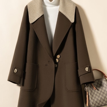 Vlnený kabát, chenille materiál, spandex zmes, krátka dĺžka, voľný strih, japonsko-kórejský voľný štýl