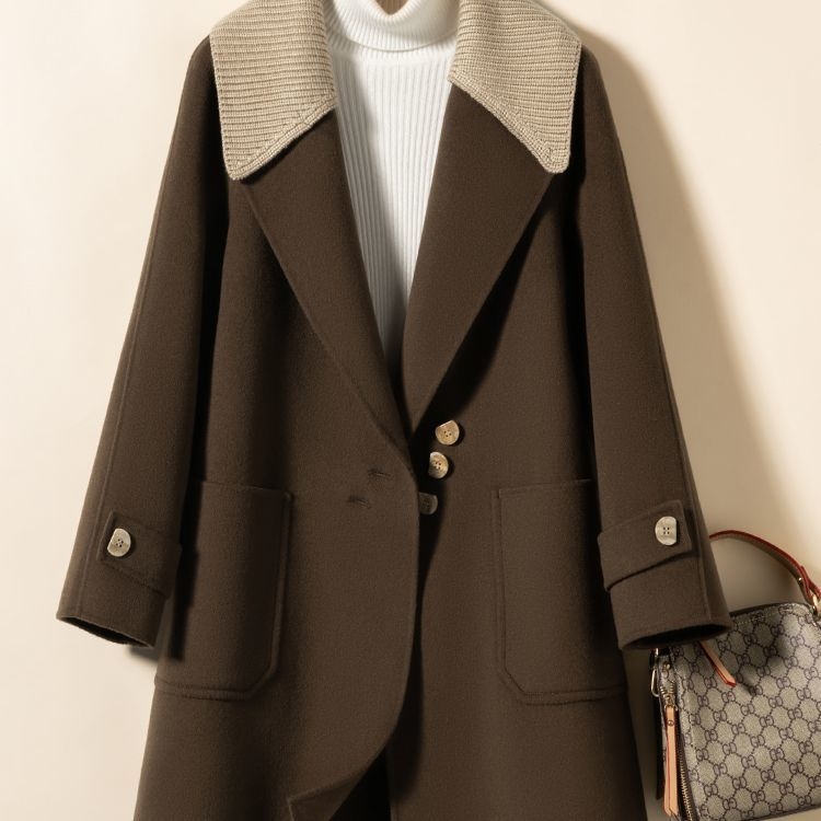 Vilnas mētelis, chenille audums, spandeksa maisījums, īss garums, brīvs siluets, japāņu un korejiešu ikdienas stils