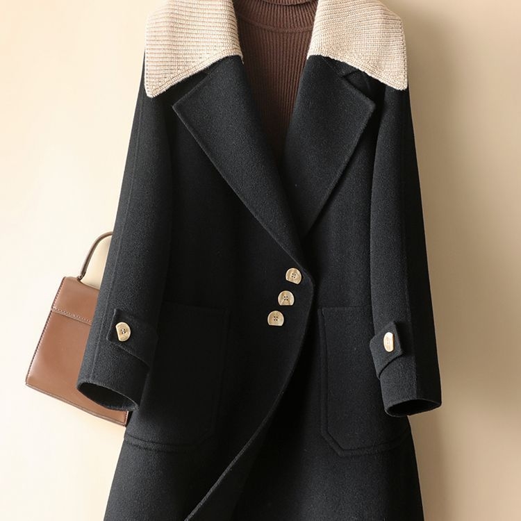 Vilnas mētelis, chenille audums, spandeksa maisījums, īss garums, brīvs siluets, japāņu un korejiešu ikdienas stils