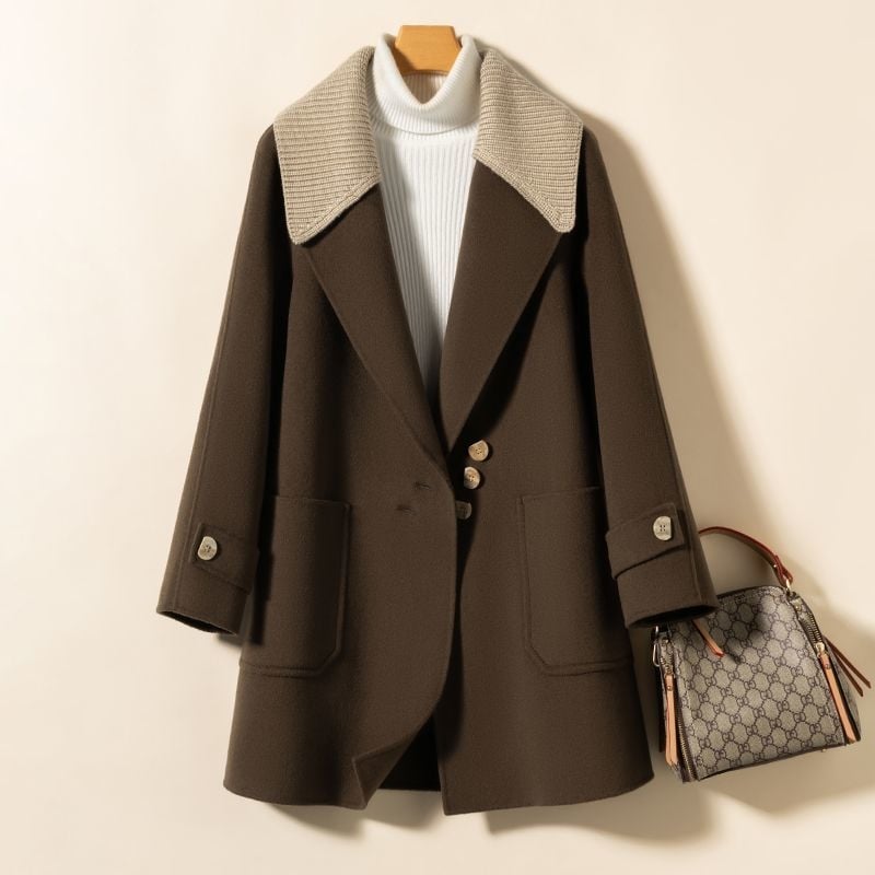 Vlnený kabát, chenille materiál, spandex zmes, krátka dĺžka, voľný strih, japonsko-kórejský voľný štýl