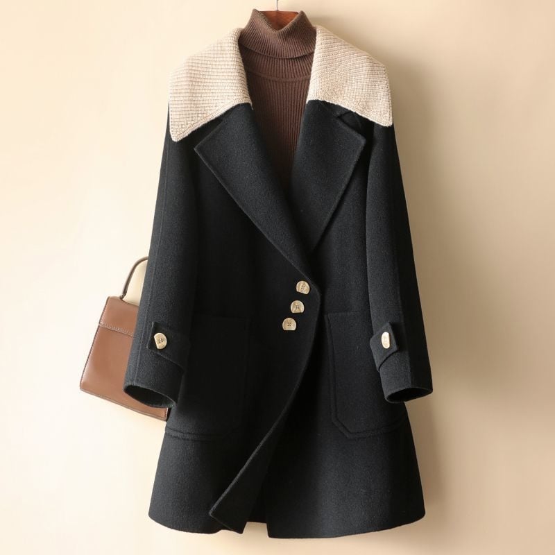 Vlnený kabát, chenille materiál, spandex zmes, krátka dĺžka, voľný strih, japonsko-kórejský voľný štýl