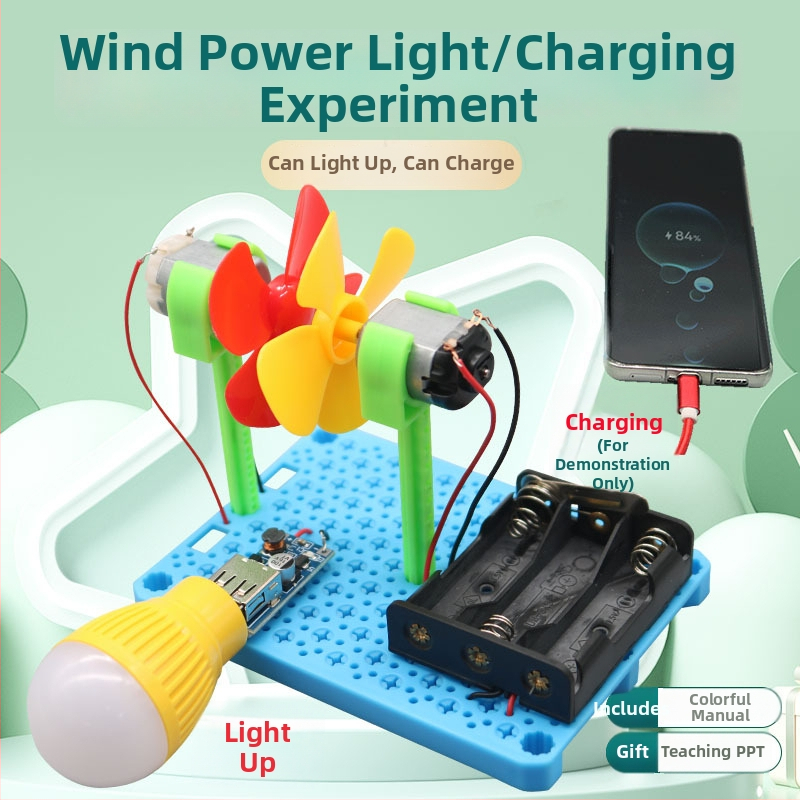 Vėjo turbina su šviesos įkrovimu – mokslo komplektas jaunimui, plastikinė konstrukcija, amžiaus riba 15–35, įtrauktas instrukcinis vaizdo įrašas, skatinamas protinis vystymasis