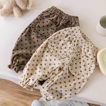 Dječje hlače za djevojčice – ležerni stil, corduroy tkanina, 95% pamuk, pruge i točkice, srednji struk