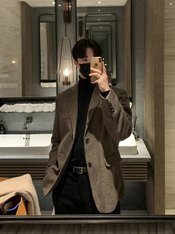 ASCLO Korea-stiilis villane bleiser, vaba lõige, ühetone muster, talveks