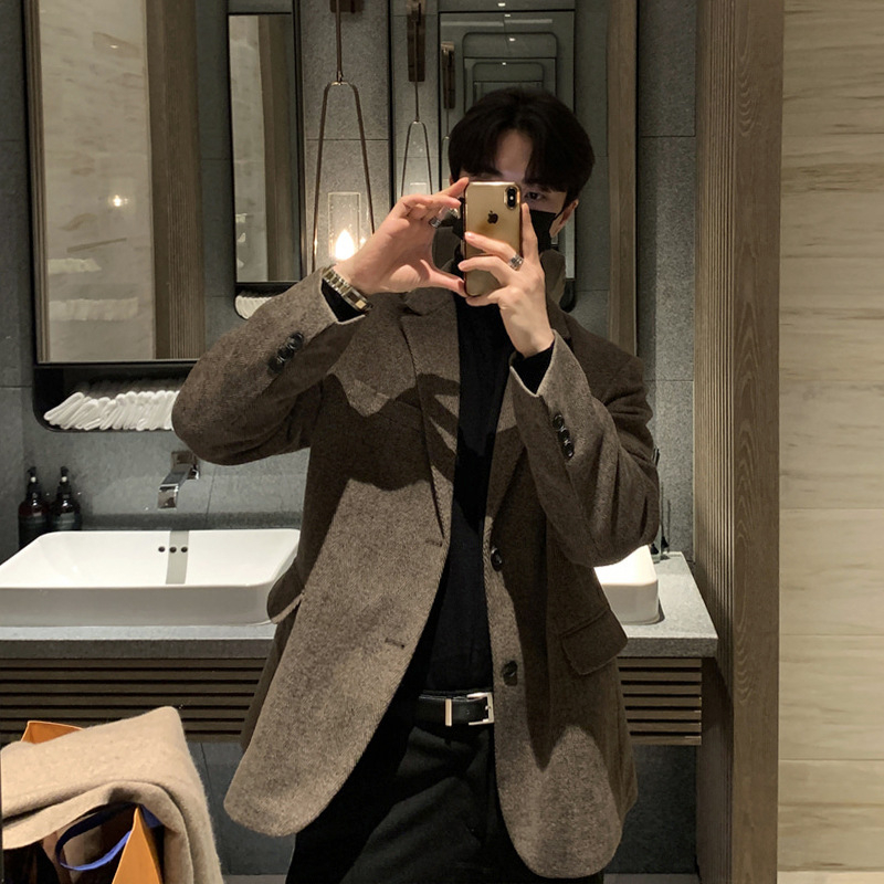 ASCLO Korea-stiilis villane bleiser, vaba lõige, ühetone muster, talveks