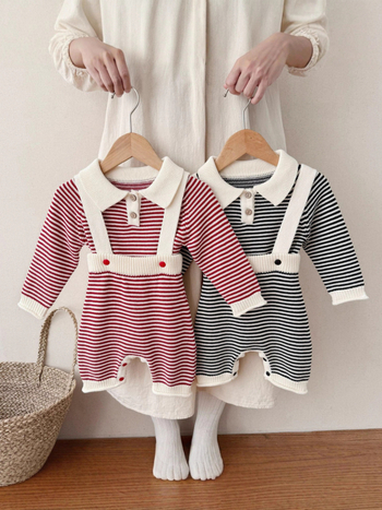 Dvodijelni set za dojenčad i malu djecu: top i hlače s naramenicama, 100% pamuk pleteni, prugasti, unisex, proljeće‑jesen
