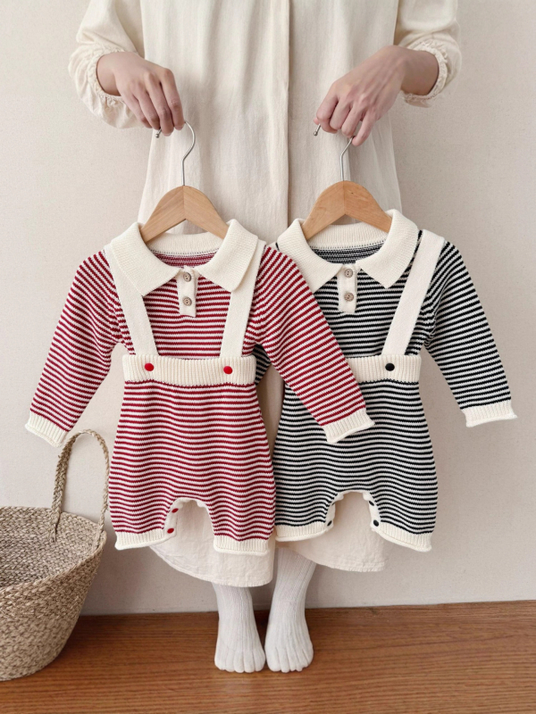 Dvodijelni set za dojenčad i malu djecu: top i hlače s naramenicama, 100% pamuk pleteni, prugasti, unisex, proljeće‑jesen