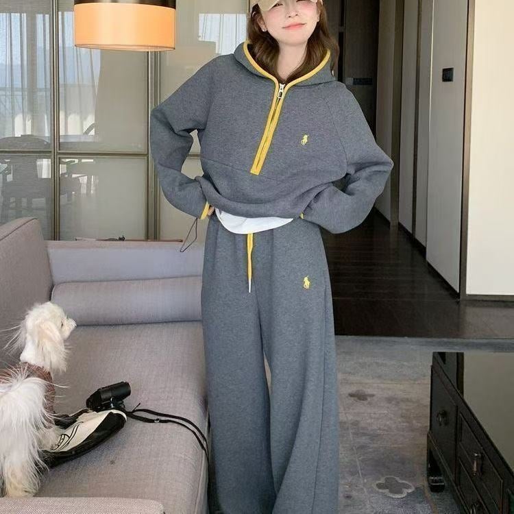 Dvodijelni set, japansko-korejski casual stil, poliester, duge hlače, bez glađenja