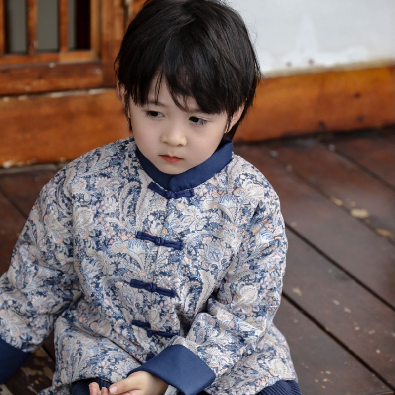 Vaikų žieminis kinų stiliaus kostiumas berniukams, gėlių raštas, 100% medvilnė, poliesterio įdėklas