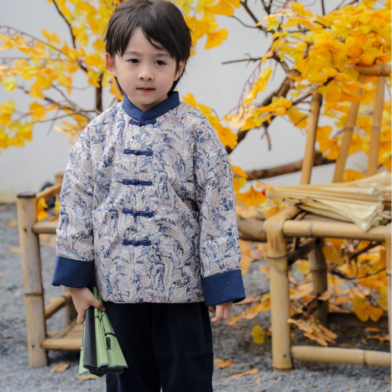 Vaikų žieminis kinų stiliaus kostiumas berniukams, gėlių raštas, 100% medvilnė, poliesterio įdėklas