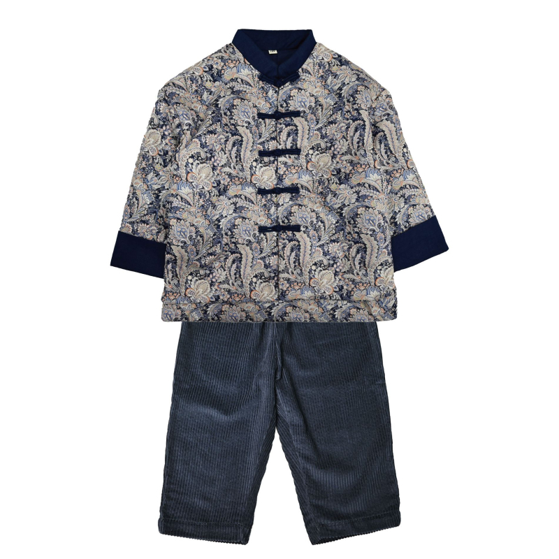 Vaikų žieminis kinų stiliaus kostiumas berniukams, gėlių raštas, 100% medvilnė, poliesterio įdėklas