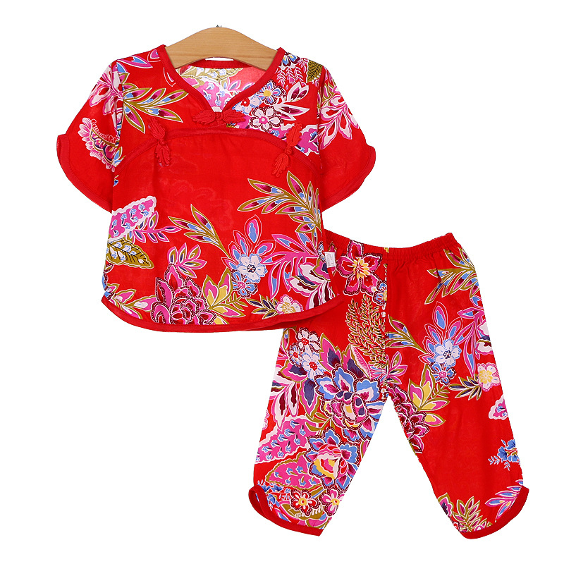 Dječji ljetni dvodijelni set pidžama — kratki rukavi, skraćene hlače, viskoza 100%, etnički stil, za djecu 1–3 godine