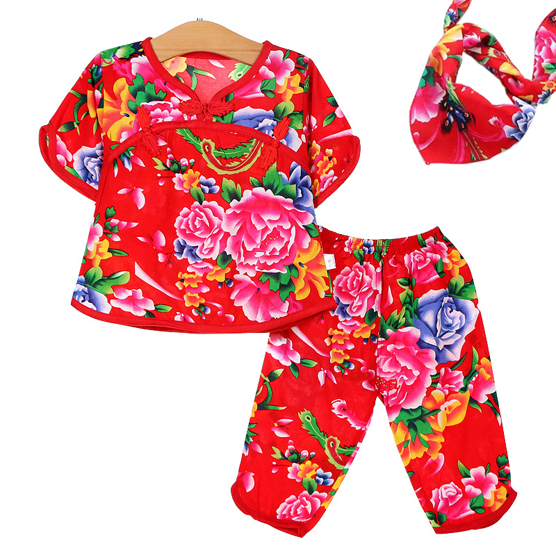 Dječji ljetni dvodijelni set pidžama — kratki rukavi, skraćene hlače, viskoza 100%, etnički stil, za djecu 1–3 godine