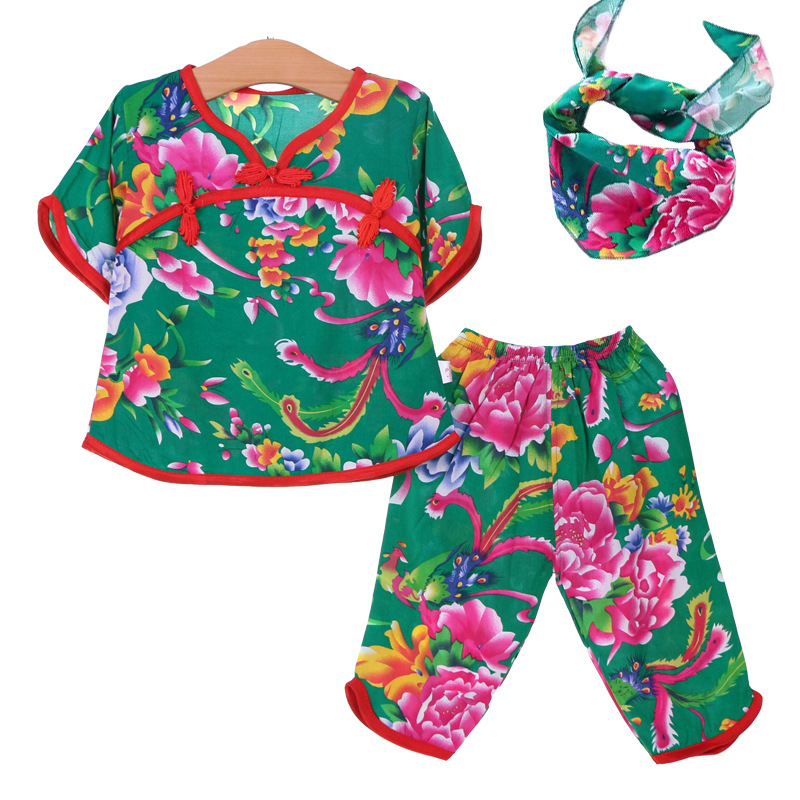 Dječji ljetni dvodijelni set pidžama — kratki rukavi, skraćene hlače, viskoza 100%, etnički stil, za djecu 1–3 godine