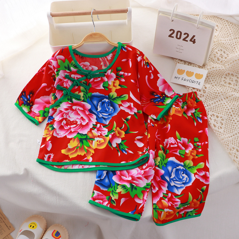 Dječji ljetni dvodijelni set pidžama — kratki rukavi, skraćene hlače, viskoza 100%, etnički stil, za djecu 1–3 godine