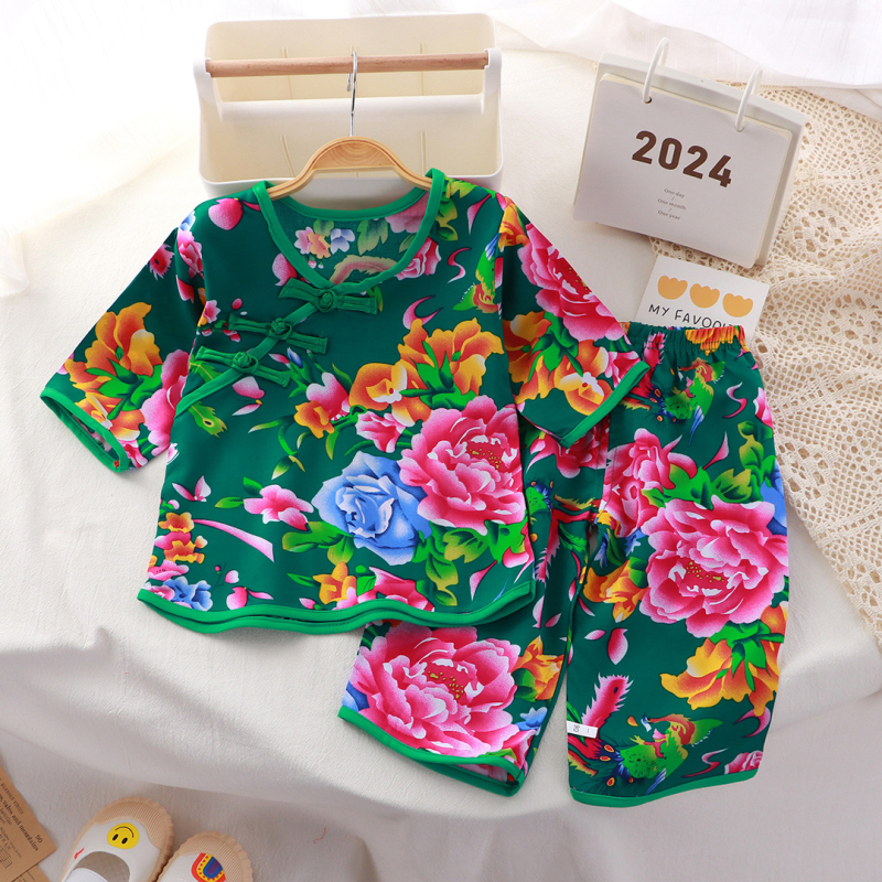 Dječji ljetni dvodijelni set pidžama — kratki rukavi, skraćene hlače, viskoza 100%, etnički stil, za djecu 1–3 godine