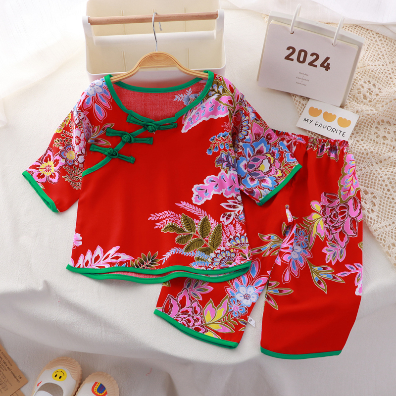 Dječji ljetni dvodijelni set pidžama — kratki rukavi, skraćene hlače, viskoza 100%, etnički stil, za djecu 1–3 godine