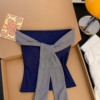 Rayon топ с обвивка на бюста, талия до талия, без гръб, дизайн с райета и панделки, тясна кройка