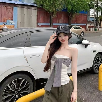 Rayon топ с обвивка на бюста, талия до талия, без гръб, дизайн с райета и панделки, тясна кройка