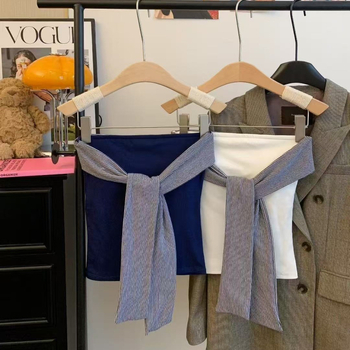 Rayon топ с обвивка на бюста, талия до талия, без гръб, дизайн с райета и панделки, тясна кройка