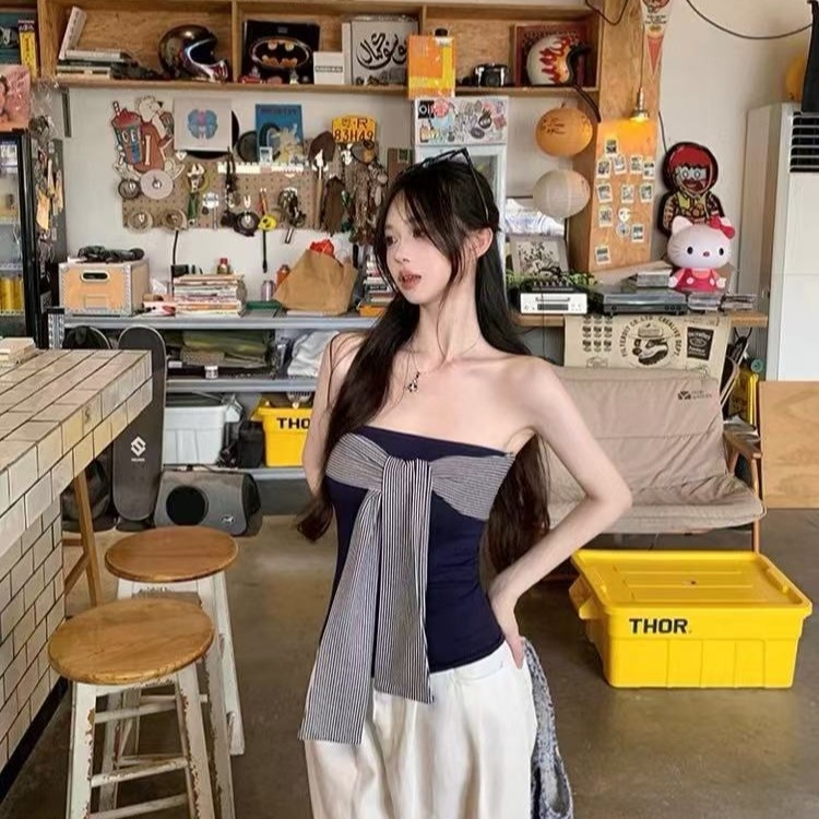 Rayon топ с обвивка на бюста, талия до талия, без гръб, дизайн с райета и панделки, тясна кройка