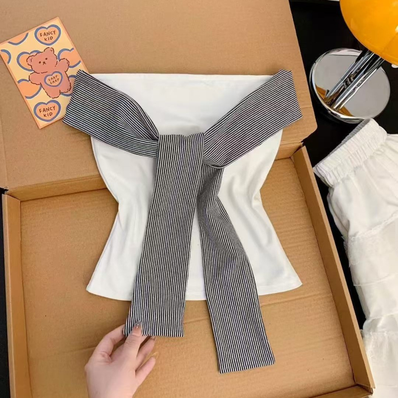 Rayon топ с обвивка на бюста, талия до талия, без гръб, дизайн с райета и панделки, тясна кройка