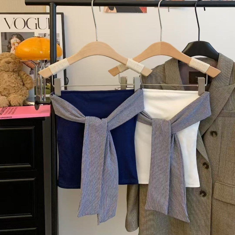 Rayon топ с обвивка на бюста, талия до талия, без гръб, дизайн с райета и панделки, тясна кройка