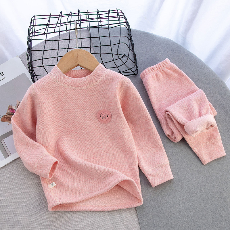 Gyerekeknek készült fleece-béléses termoszett téli viselet, koreai stílus, egyszínű mintázat, fő anyag: poliészter 79,8%