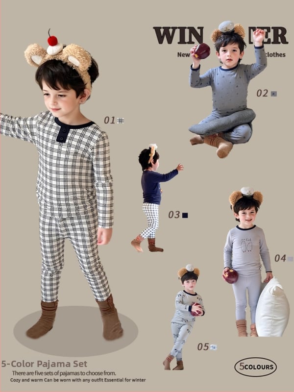 Gyerekek termális pizsama készlet – Cartoon mintás, 95% pamut, nedvszívó, 3–8 éveseknek