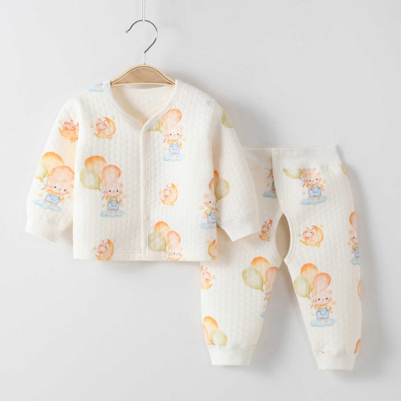 Pamut baba két részes meleg ruhaszett, őszi-téli: bélelt kardigán felső és nadrág nyitott ágyékkal