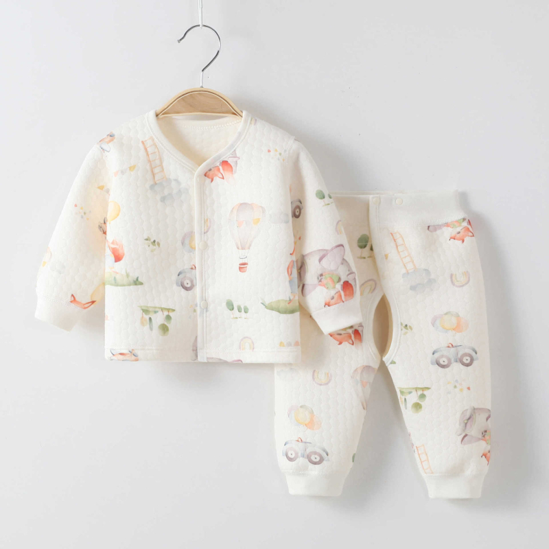 Pamut baba két részes meleg ruhaszett, őszi-téli: bélelt kardigán felső és nadrág nyitott ágyékkal