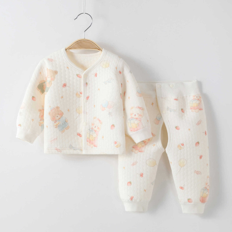 Pamut baba két részes meleg ruhaszett, őszi-téli: bélelt kardigán felső és nadrág nyitott ágyékkal