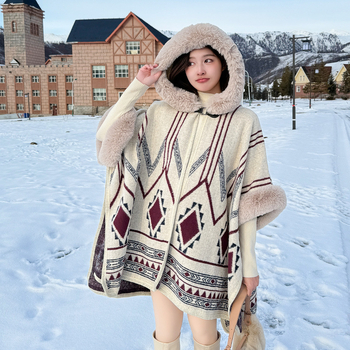 Puloverinė pelerina su stora šilta vilnos apykakle, dryžuotas poliesteris, žiema/ruduo