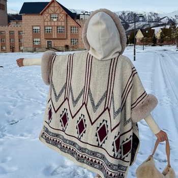 Puloverinė pelerina su stora šilta vilnos apykakle, dryžuotas poliesteris, žiema/ruduo