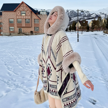 Puloverinė pelerina su stora šilta vilnos apykakle, dryžuotas poliesteris, žiema/ruduo