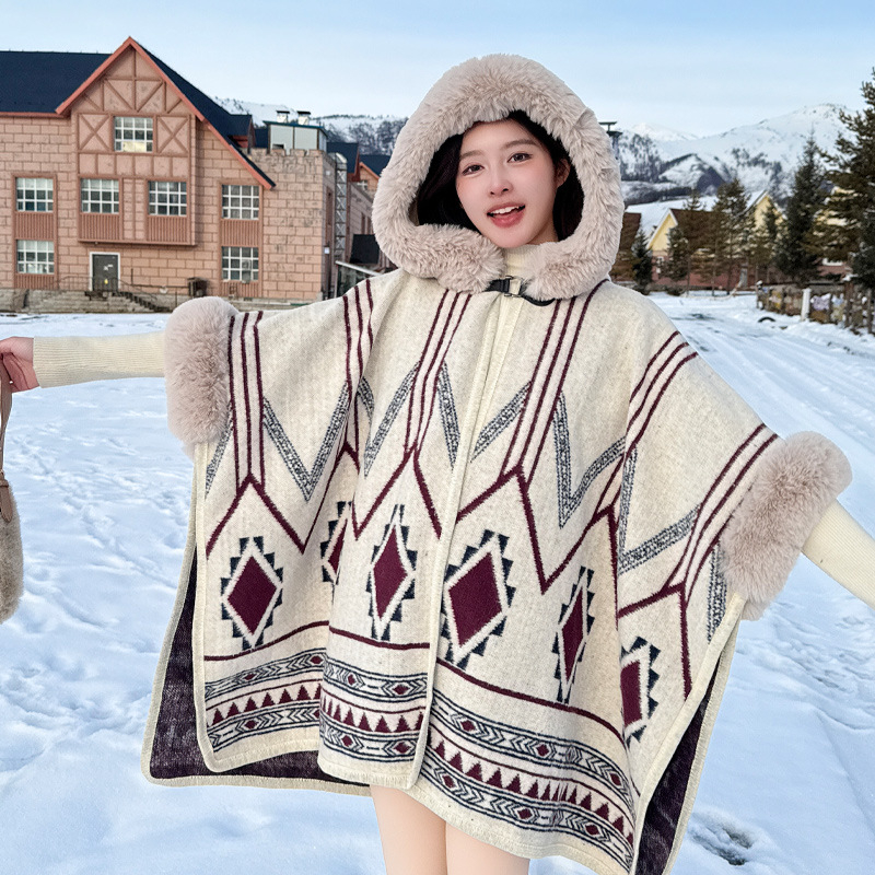 Puloverinė pelerina su stora šilta vilnos apykakle, dryžuotas poliesteris, žiema/ruduo